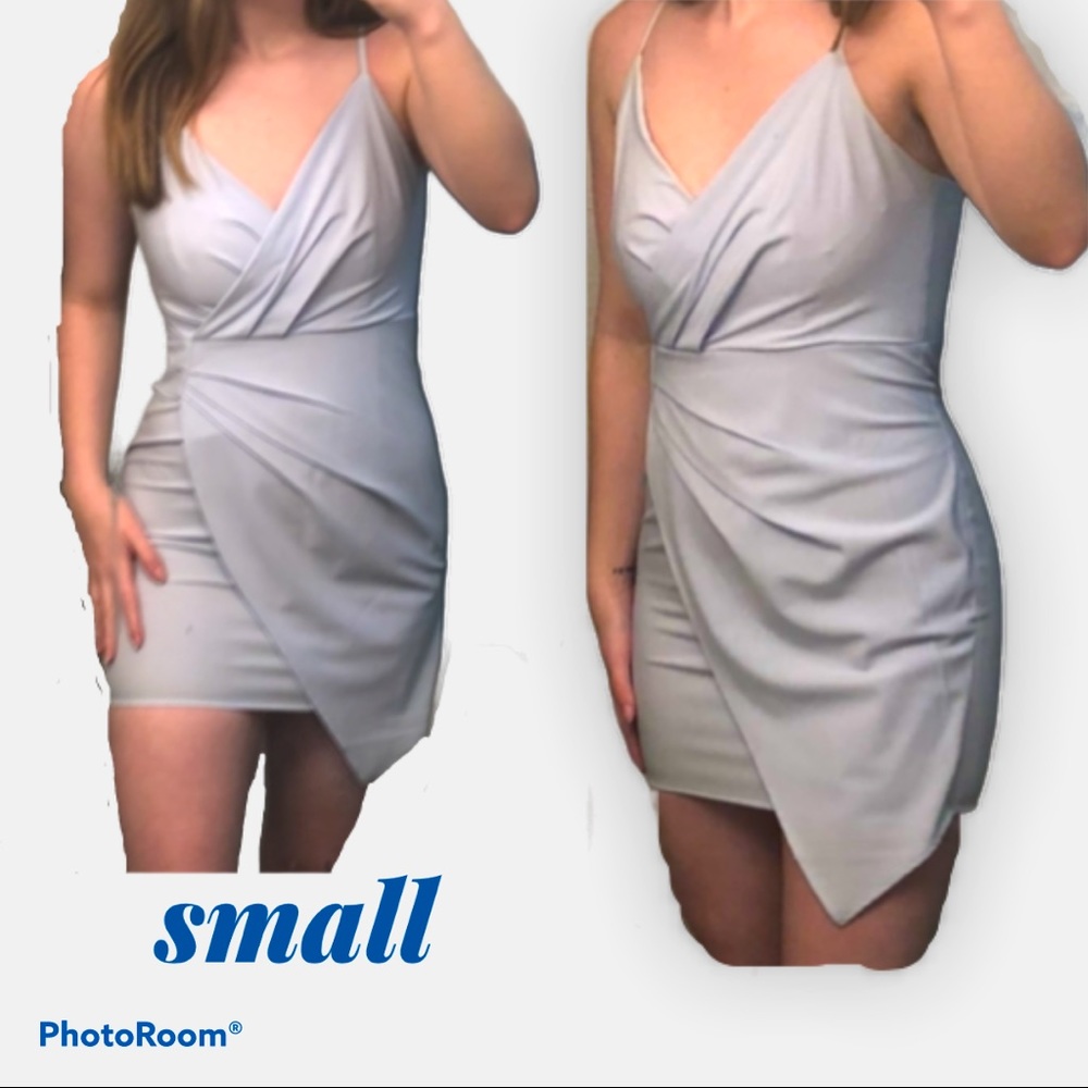 blue asymmetrical wrap dress